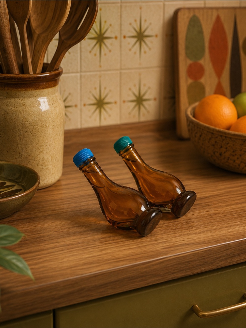 vintage amber glass "melting" or "wilted" bottle salt and pepper shakers.